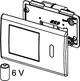 TECE WC-Elektronik mit einem IR-Sensor und einem Platz für eine 6 V-Batterie, dargestellt in einer schematischen Ansicht mit gesondertem Batterieplatz.